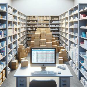 Image créer par une IA à couleur qui représente comment optimiser l'inventaire en pharmacie. Le back office d'une pharmacie, et en premier plan un pc avec des cartons au fond de la pièce.